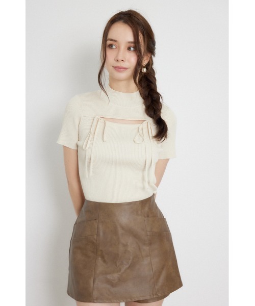rienda(リエンダ)の「ウォッシャブルリボンハーフスリーブニットトップス 夏服 秋服(ニット/セーター・レディース・ブラック/アイボリー/ピンク・FREE)」の2枚目の写真