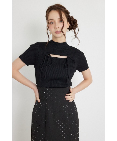 rienda(リエンダ)の「ウォッシャブルリボンハーフスリーブニットトップス 夏服 秋服(ニット/セーター・レディース・ブラック/アイボリー/ピンク・FREE)」の3枚目の写真