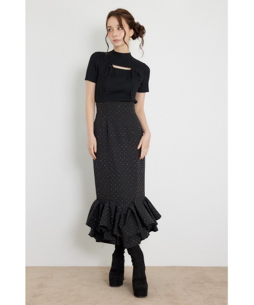 rienda(リエンダ)の「ウォッシャブルリボンハーフスリーブニットトップス 夏服 秋服(ニット/セーター・レディース・ブラック/アイボリー/ピンク・FREE)」の4枚目の写真
