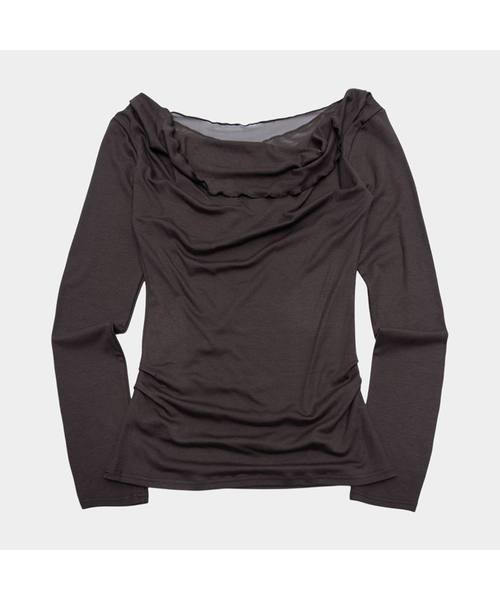 PLACE STUDIO(プレイススタジオ)の「ドレープボートネックシャーリングスリムフィットシンプルウィメンズ長袖ロングスリーブTシャツ _2COLOR(Tシャツ/カットソー・レディース・ブラウン/ブラック・FREE)」の1枚目の写真