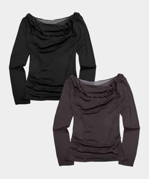 PLACE STUDIO(プレイススタジオ)の「ドレープボートネックシャーリングスリムフィットシンプルウィメンズ長袖ロングスリーブTシャツ _2COLOR(Tシャツ/カットソー・レディース・ブラウン/ブラック・FREE)」の6枚目の写真