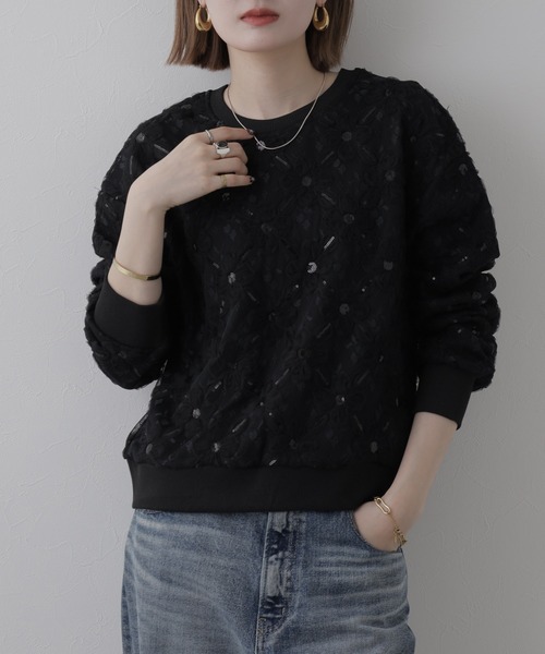 Miunelora(ミューネローラ)の「Miunelora フラワーチュールスパンコールプルオーバー 長袖(Tシャツ/カットソー・レディース・ブラック・38)」の1枚目の写真