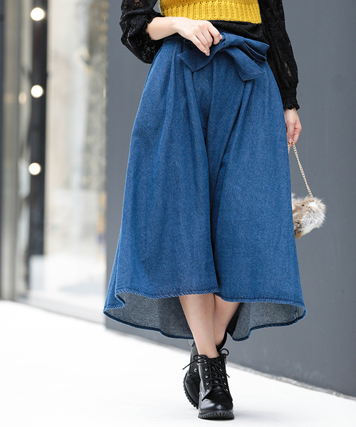 WEGO(ウィゴー)の「WEGO/デニムリボンイレヘムミディスカート(デニムスカート・レディース・インディゴブルー/ダークインディゴブルー・SMALL/LARGE/MEDIUM)」の1枚目の写真