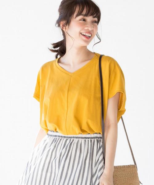 coen(コーエン)の「【新色追加・接触冷感】梨地変形Vネックカットソー(Tシャツ/カットソー・レディース・オリーブ/ホワイト/ブラック/マスタード/ライトピンク/ダークグリーン・FREE)」の5枚目の写真