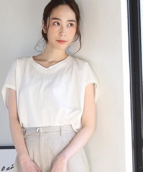 coen(コーエン)の「【新色追加・接触冷感】梨地変形Vネックカットソー(Tシャツ/カットソー・レディース・オリーブ/ホワイト/ブラック/マスタード/ライトピンク/ダークグリーン・FREE)」の14枚目の写真