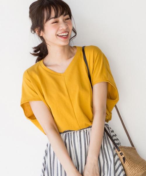 coen(コーエン)の「【新色追加・接触冷感】梨地変形Vネックカットソー(Tシャツ/カットソー・レディース・オリーブ/ホワイト/ブラック/マスタード/ライトピンク/ダークグリーン・FREE)」の18枚目の写真