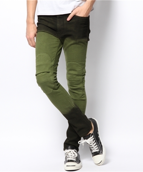 AlexanderLeeChang(アレキサンダーリーチャン)の「2tone skinee DNM(デニムパンツ・メンズ・インディゴブルー/カーキ/レッド・4/3/2)」の2枚目の写真