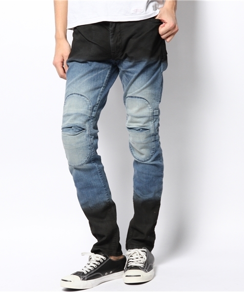 AlexanderLeeChang(アレキサンダーリーチャン)の「2tone skinee DNM(デニムパンツ・メンズ・インディゴブルー/カーキ/レッド・4/3/2)」の3枚目の写真