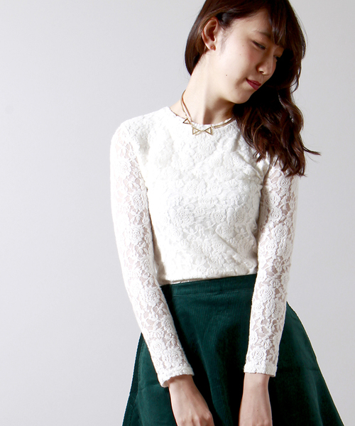 WEGO（ウィゴー）の「WEGO/起毛レースロングTシャツ（Tシャツ/カットソー・レディース・オフホワイト/ブラック/ネイビー・FREE）」の2枚目の写真