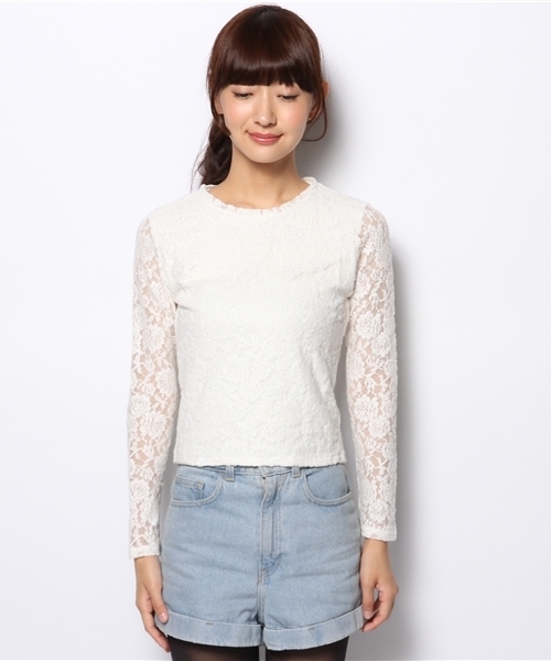 WEGO（ウィゴー）の「WEGO/起毛レースロングTシャツ（Tシャツ/カットソー・レディース・オフホワイト/ブラック/ネイビー・FREE）」の4枚目の写真