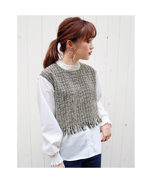 GeeRA（ジーラ）の「《インスタグラマーてらさん着用》ツイード切替デザイントップス（シャツ/ブラウス・レディース・ブラック/ベージュ・LARGE/MEDIUM/X-LARGE）」の6枚目の写真