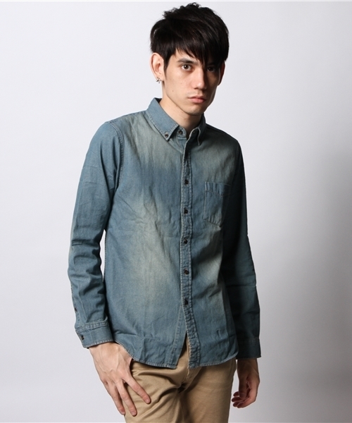 GIORDANO（ジョルダーノ）の「[GIORDANO]コットンデニム長袖シャツ（シャツ/ブラウス・メンズ・ホワイト/インディゴブルー/ライトインディゴブルー・MEDIUM/LARGE）」の3枚目の写真