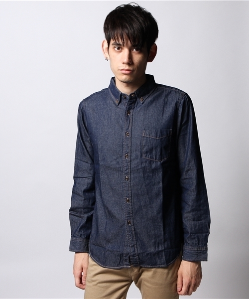 GIORDANO（ジョルダーノ）の「[GIORDANO]コットンデニム長袖シャツ（シャツ/ブラウス・メンズ・ホワイト/インディゴブルー/ライトインディゴブルー・MEDIUM/LARGE）」の4枚目の写真