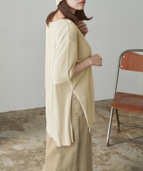 Chaco closet（チャコ クローゼット）の「シアーニットリンキングサイドスリット半袖プルオーバー（ニット/セーター・レディース・ブラック/ブラウン/ピンク/マスタード/グリーン系その他/キナリ・FREE）」の7枚目の写真