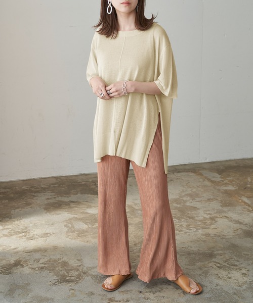 Chaco closet（チャコ クローゼット）の「シアーニットリンキングサイドスリット半袖プルオーバー（ニット/セーター・レディース・ブラック/ブラウン/ピンク/マスタード/グリーン系その他/キナリ・FREE）」の11枚目の写真