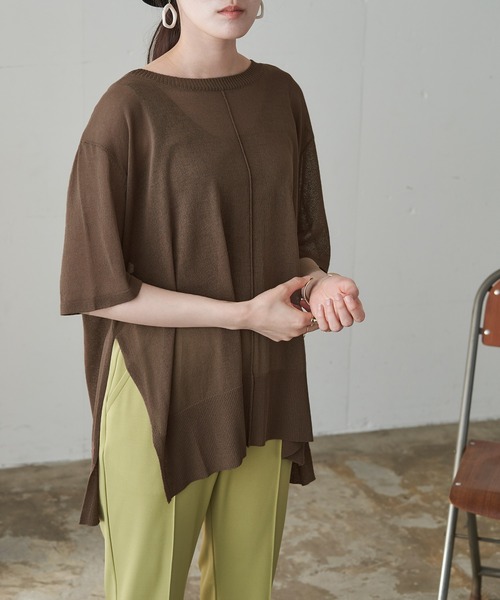 Chaco closet（チャコ クローゼット）の「シアーニットリンキングサイドスリット半袖プルオーバー（ニット/セーター・レディース・ブラック/ブラウン/ピンク/マスタード/グリーン系その他/キナリ・FREE）」の13枚目の写真
