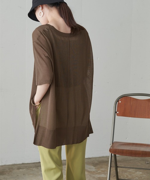 Chaco closet（チャコ クローゼット）の「シアーニットリンキングサイドスリット半袖プルオーバー（ニット/セーター・レディース・ブラック/ブラウン/ピンク/マスタード/グリーン系その他/キナリ・FREE）」の14枚目の写真