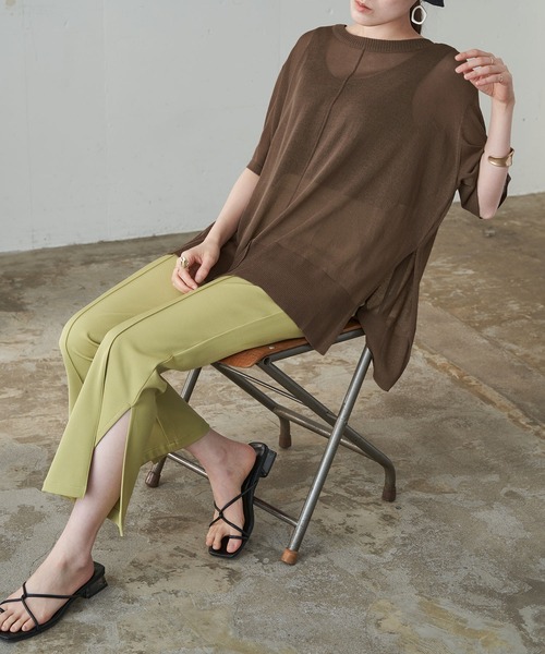 Chaco closet（チャコ クローゼット）の「シアーニットリンキングサイドスリット半袖プルオーバー（ニット/セーター・レディース・ブラック/ブラウン/ピンク/マスタード/グリーン系その他/キナリ・FREE）」の15枚目の写真
