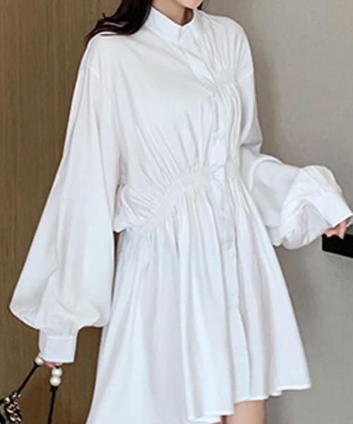 アウディーレ シャーリングシャツドレスワンピース 白ホワイト Shirring shirt dress(White) – Audire