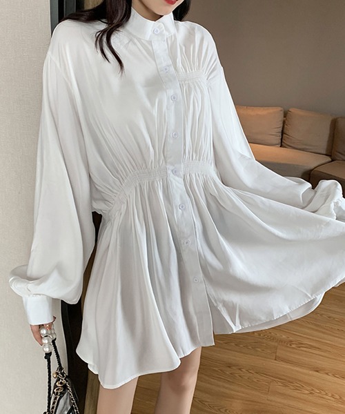 Bifrost（ビフレスト）の「シャーリングシャツワンピース（シャツワンピース・レディース・ホワイト/ブラック・FREE）」の9枚目の写真