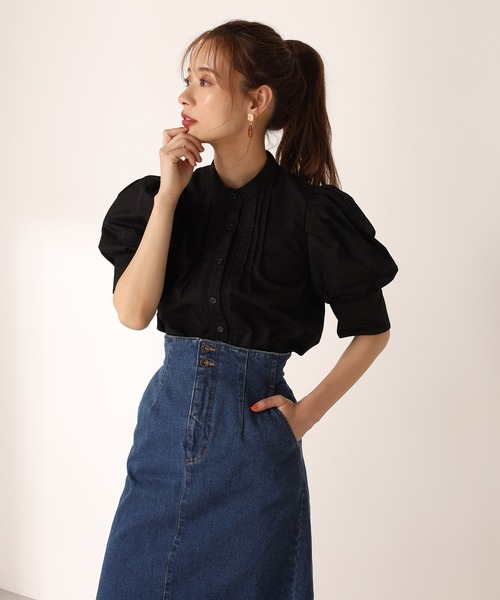 one after another NICE CLAUP(ワンアフターアナザーナイスクラップ)の「はしごレースパフ袖ブラウス(シャツ/ブラウス・レディース・ブラック/オフホワイト/インディゴブルー/ストライプ・FREE)」の7枚目の写真