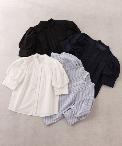 one after another NICE CLAUP(ワンアフターアナザーナイスクラップ)の「はしごレースパフ袖ブラウス(シャツ/ブラウス・レディース・ブラック/オフホワイト/インディゴブルー/ストライプ・FREE)」の12枚目の写真