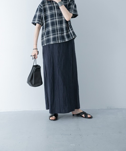 【美品】かぐれ　リネンレーヨンオープンカラーシャツ　黒　チェック柄　半袖 かぐれ（カグレ）の「リネンレーヨンオープンカラーシャツ