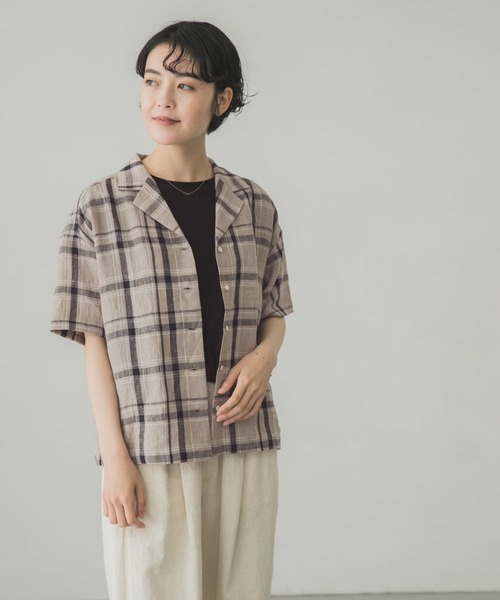 【美品】かぐれ　リネンレーヨンオープンカラーシャツ　黒　チェック柄　半袖 かぐれ（カグレ）の「リネンレーヨンオープンカラーシャツ