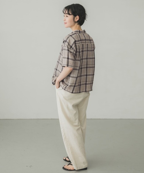 かぐれ　kagure バンドカラー　ブラウス　シャツ　チェック　シワ加工　比翼 かぐれ kagure バンドカラー ブラウス シャツ チェック シワ加工