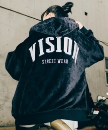 VISION STREET WEAR/ヴィジョンストリートウエア ビッグシルエット バックロゴ刺繍 フードファーフリースブルゾン