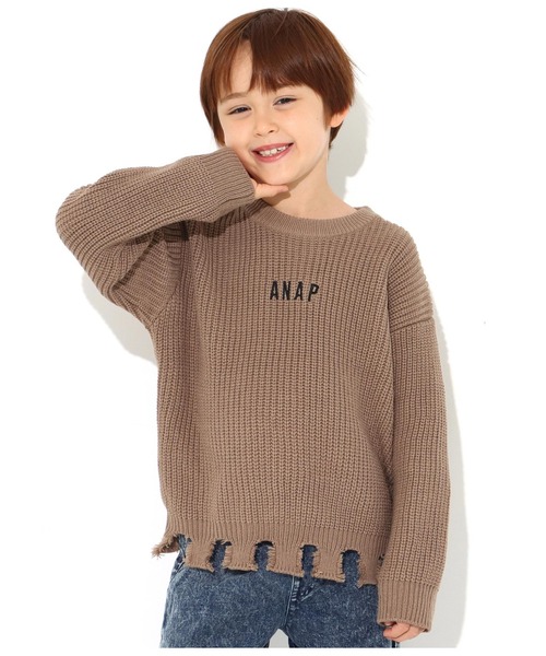 ANAP kids（アナップキッズ）の「畦編みダメージニット（ニット/セーター・キッズ・ベージュ/ラベンダー/ライトブルー・S/M/L）」の2枚目の写真