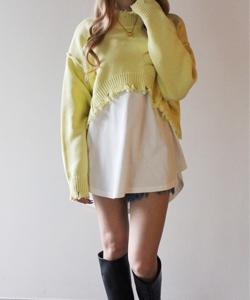 one way(ワンウェイ)の「【oneway Jeans】クロップドダメージニット(ニット/セーター・レディース・ライトブルー/ブラック/ベージュ/イエロー/ライトブラウン・FREE)」の5枚目の写真