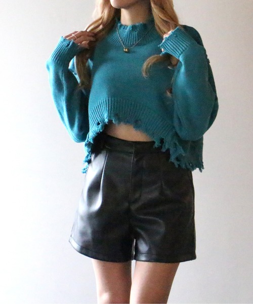 one way(ワンウェイ)の「【oneway Jeans】クロップドダメージニット(ニット/セーター・レディース・ライトブルー/ブラック/ベージュ/イエロー/ライトブラウン・FREE)」の4枚目の写真