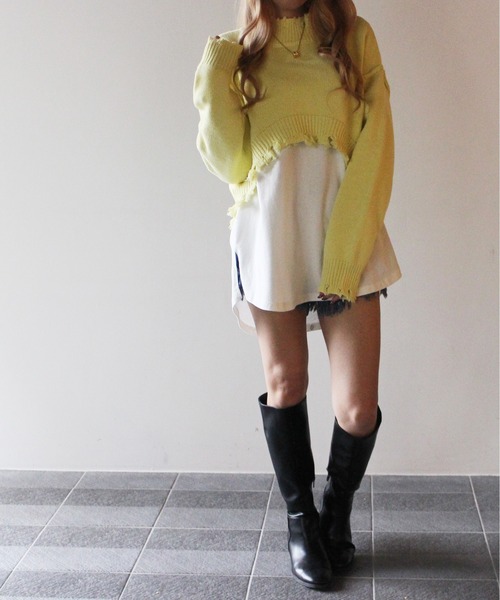 one way(ワンウェイ)の「【oneway Jeans】クロップドダメージニット(ニット/セーター・レディース・ライトブルー/ブラック/ベージュ/イエロー/ライトブラウン・FREE)」の6枚目の写真