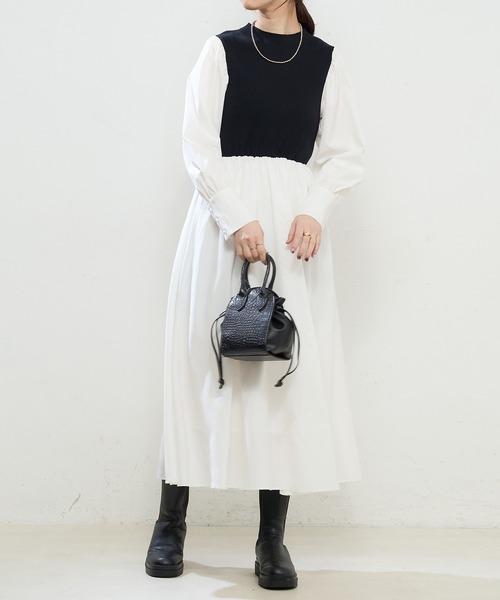 natural couture（ナチュラルクチュール）の「プチハイニットドッキングギャザーワンピース（ワンピース・レディース・オフホワイト/ホワイト系その他/ブラック系その他/ブルー系その他/グレイッシュベージュ・FREE）」の8枚目の写真