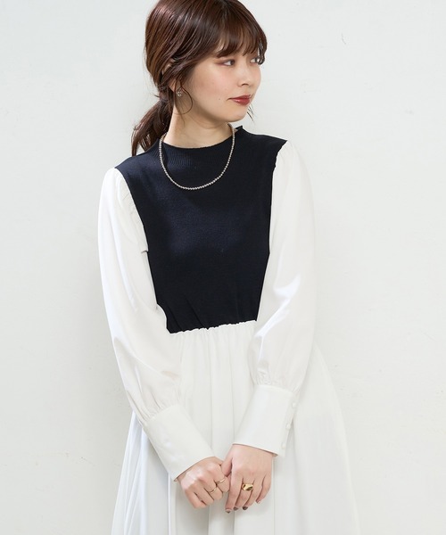 natural couture（ナチュラルクチュール）の「プチハイニットドッキングギャザーワンピース（ワンピース・レディース・オフホワイト/ホワイト系その他/ブラック系その他/ブルー系その他/グレイッシュベージュ・FREE）」の7枚目の写真