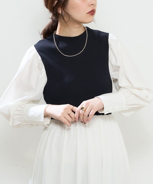 natural couture（ナチュラルクチュール）の「プチハイニットドッキングギャザーワンピース（ワンピース・レディース・オフホワイト/ホワイト系その他/ブラック系その他/ブルー系その他/グレイッシュベージュ・FREE）」の6枚目の写真