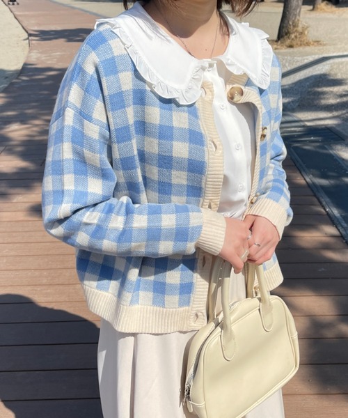 PairPair（ペアペア）の「ギンガムチェッククルーネックカーディガン（カーディガン/ボレロ・レディース・ブラック/サックスブルー/オレンジ・FREE）」の2枚目の写真