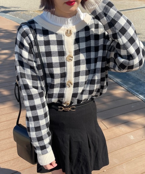 PairPair（ペアペア）の「ギンガムチェッククルーネックカーディガン（カーディガン/ボレロ・レディース・ブラック/サックスブルー/オレンジ・FREE）」の7枚目の写真