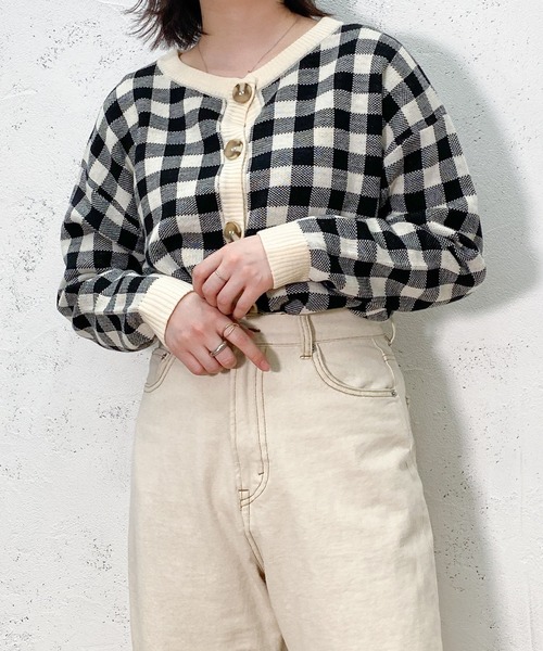 PairPair（ペアペア）の「ギンガムチェッククルーネックカーディガン（カーディガン/ボレロ・レディース・ブラック/サックスブルー/オレンジ・FREE）」の9枚目の写真
