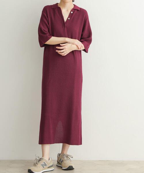 URBAN RESEARCH DOORS（アーバンリサーチドアーズ）の「畦ポロKNITワンピース（ワンピース・レディース・ベージュ/ボルドー・MEDIUM）」の3枚目の写真