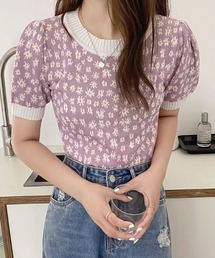 花柄サマーニット半袖ニットブラウス