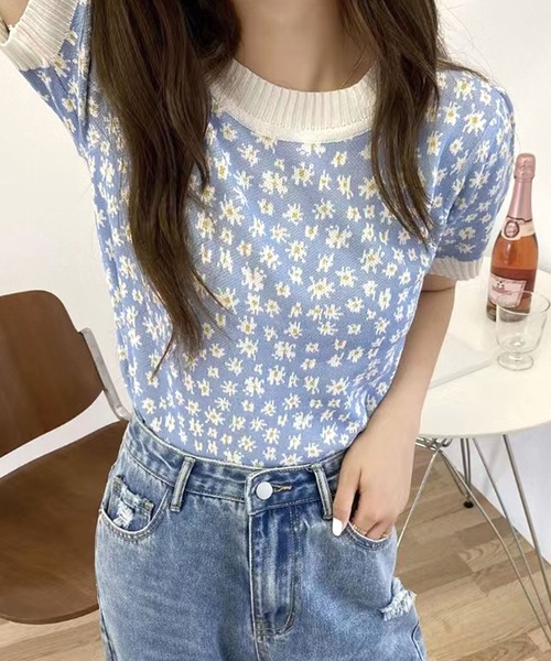 Twinkle;pm（トゥインクルピーエム）の「花柄サマーニット半袖ニットブラウス（シャツ/ブラウス・レディース・ピンク/ブルー/ブラック・FREE）」の3枚目の写真