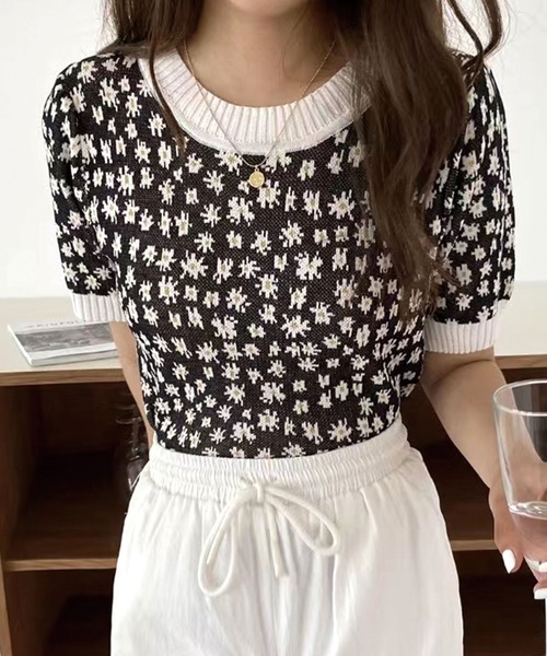 Twinkle;pm（トゥインクルピーエム）の「花柄サマーニット半袖ニットブラウス（シャツ/ブラウス・レディース・ピンク/ブルー/ブラック・FREE）」の2枚目の写真