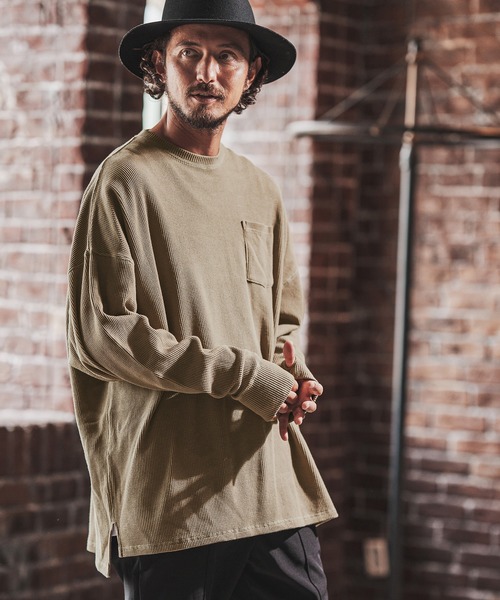 FACTOTUM(ファクトタム)の「mlt3973- Stitch Color Scheme & Long Length Waffle Long-sleeve T-Shirt カットソー(Tシャツ/カットソー・メンズ・ライトカーキ/ホワイト/ブラック・46/44/48)」の1枚目の写真