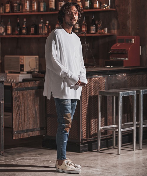 FACTOTUM(ファクトタム)の「mlt3973- Stitch Color Scheme & Long Length Waffle Long-sleeve T-Shirt カットソー(Tシャツ/カットソー・メンズ・ライトカーキ/ホワイト/ブラック・46/44/48)」の6枚目の写真