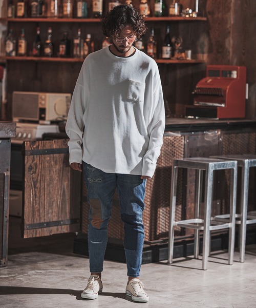 FACTOTUM(ファクトタム)の「mlt3973- Stitch Color Scheme & Long Length Waffle Long-sleeve T-Shirt カットソー(Tシャツ/カットソー・メンズ・ライトカーキ/ホワイト/ブラック・46/44/48)」の7枚目の写真