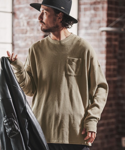 FACTOTUM(ファクトタム)の「mlt3973- Stitch Color Scheme & Long Length Waffle Long-sleeve T-Shirt カットソー(Tシャツ/カットソー・メンズ・ライトカーキ/ホワイト/ブラック・46/44/48)」の15枚目の写真