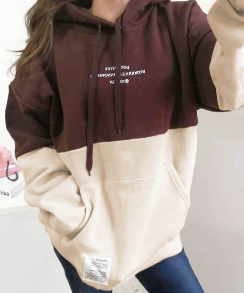 Dalfwin(ダールフィン)の「2023AW 秋冬新作 韓国ファッション スウェット フーディ レディース INNOVATIVE配色フーディー パーカー ビッグシルエット オーバーサイズ 男女兼用 ペア(パーカー・レディース・ブラウン/グリーン/ブラック・FREE)」の9枚目の写真