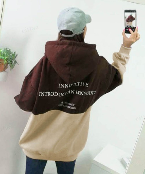 Dalfwin(ダールフィン)の「2023AW 秋冬新作 韓国ファッション スウェット フーディ レディース INNOVATIVE配色フーディー パーカー ビッグシルエット オーバーサイズ 男女兼用 ペア(パーカー・レディース・ブラウン/グリーン/ブラック・FREE)」の10枚目の写真